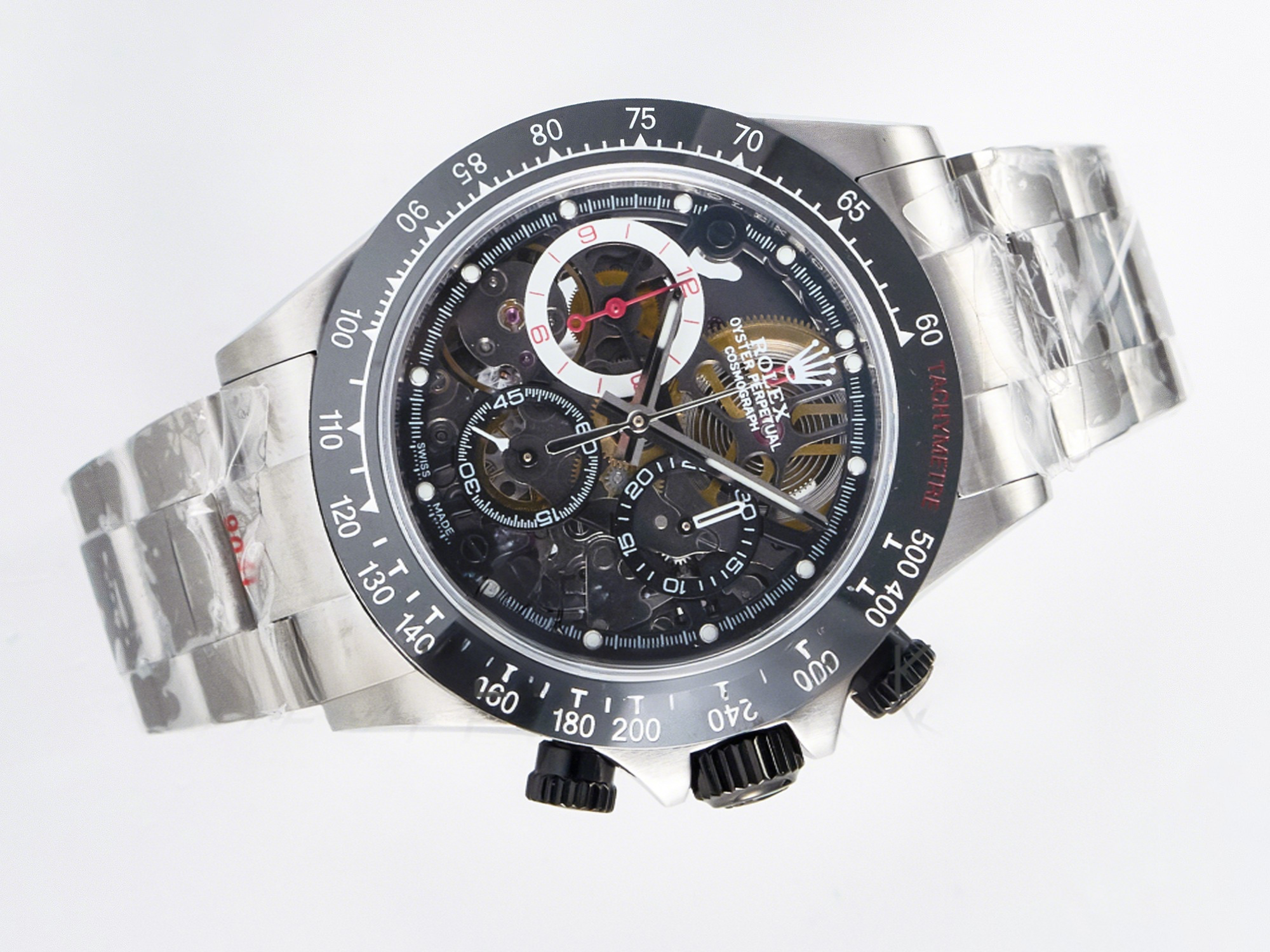 Rolex Daytona Artisans SS GETF Best Edition Skeleton Dial Black Ceramic Bezel on SS Bracelet DD4802-fasswatch