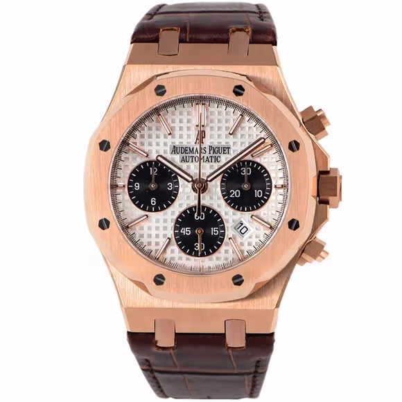 Audemars Piguet Royal Oak Self-Winding Chronograph White/Black Dial in Rose Gold on Leather Strap-fasswatch