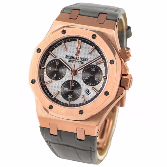 Audemars Piguet Royal Oak Self-Winding Chronograph White/Grey Dial in Rose Gold on Leather Strap-fasswatch