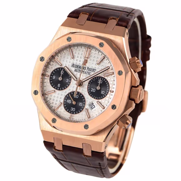 Audemars Piguet Royal Oak Self-Winding Chronograph White/Black Dial in Rose Gold on Leather Strap-fasswatch