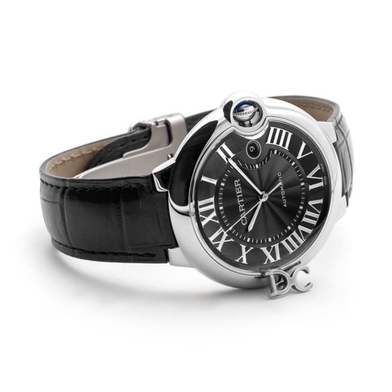 Cartier Ballon Bleu De Cartier 42mm Black Dial in Steel on Black Leather Strap-fasswatch