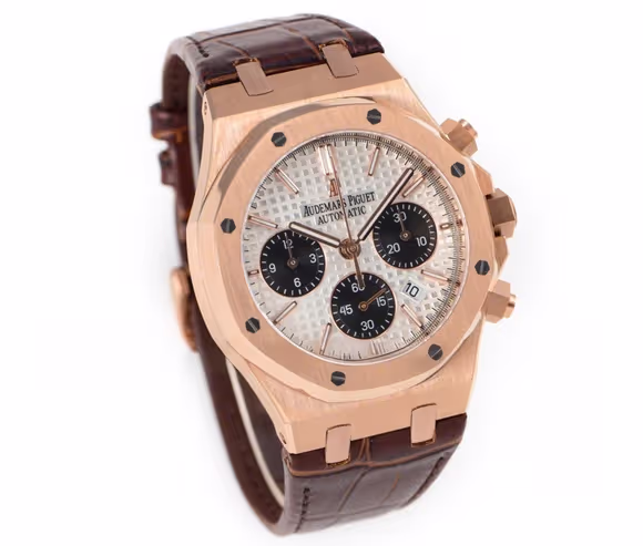 Audemars Piguet Royal Oak Self-Winding Chronograph White/Black Dial in Rose Gold on Leather Strap-fasswatch