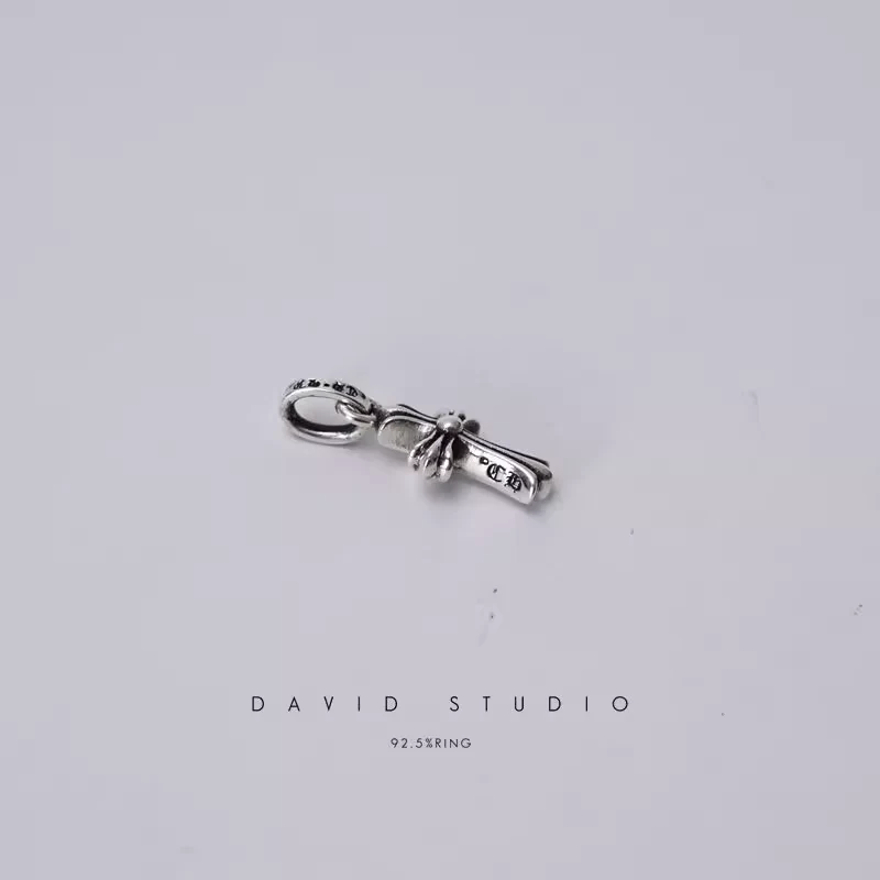 925 Sterling Silver Tag Cross Pendant – Gothic Floral Charm by David Studio, Handmade Punk Rock Jewelry for Necklace or Bracelet