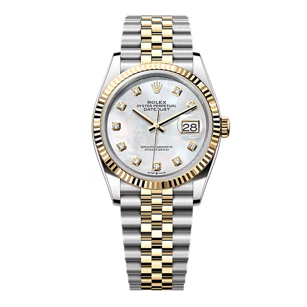 Rolex Datejust 36mm - Ref: 126233-0023 - White Mother of Pearl Diamond Dial, Two Tone Stainless Steel & 18K Yellow Gold Jubilee Bracelet Watch