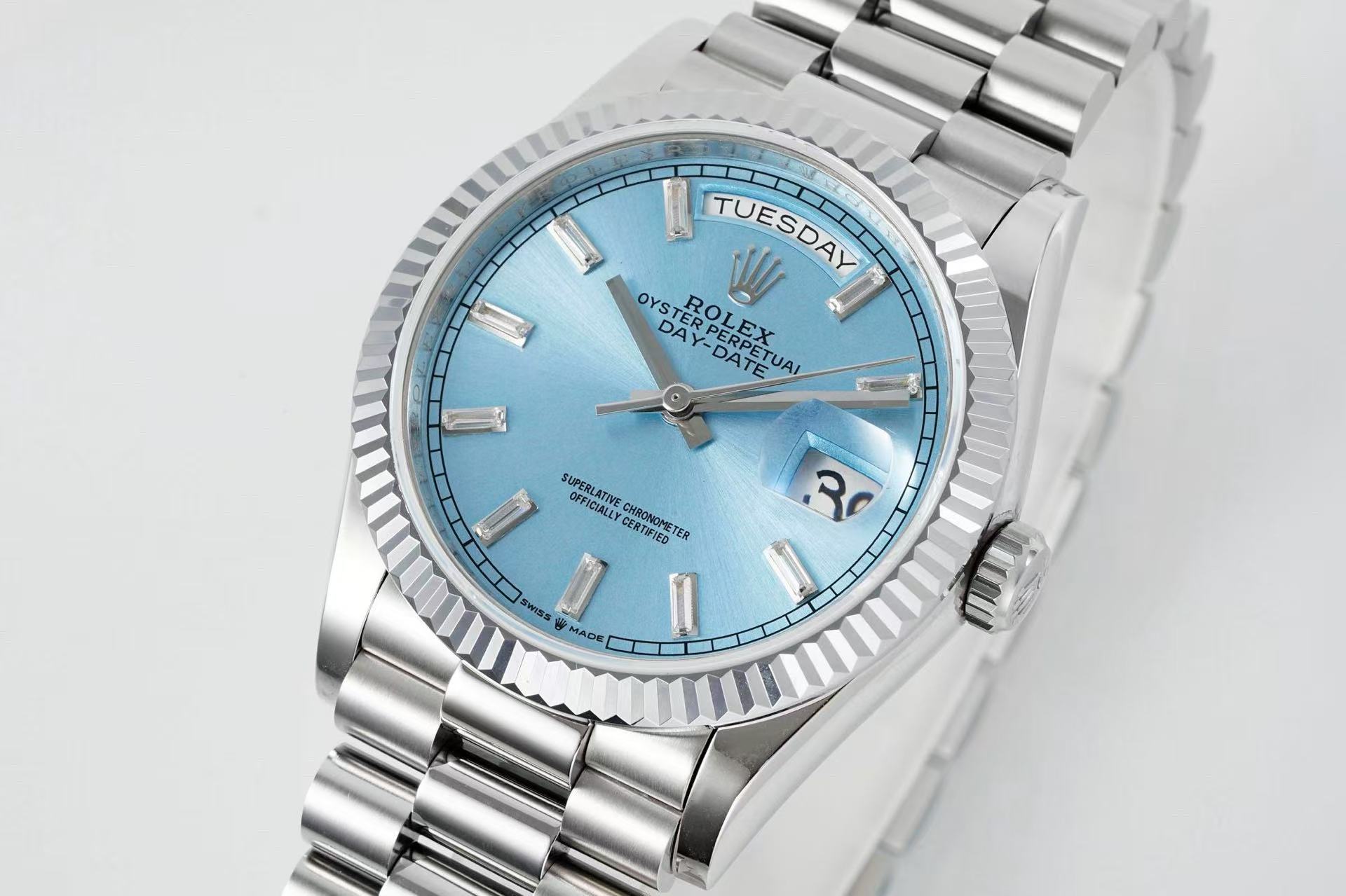 brand Rolex 40mm White Gold Day Date 40 President Tiffany Ice Blue Diamonds 228396 TBR luxury watch for sale – NeveReL