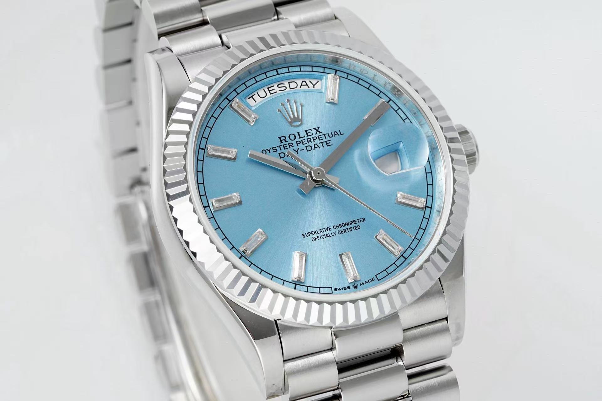 brand Rolex 40mm White Gold Day Date 40 President Tiffany Ice Blue Diamonds 228396 TBR luxury watch for sale – NeveReL