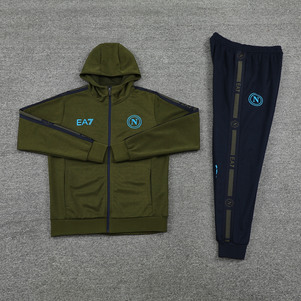 SIUjerseys-Napoli 24-25 Hooded Jacket Training Tracksuit - Army Green Top and Deep Blue Pants