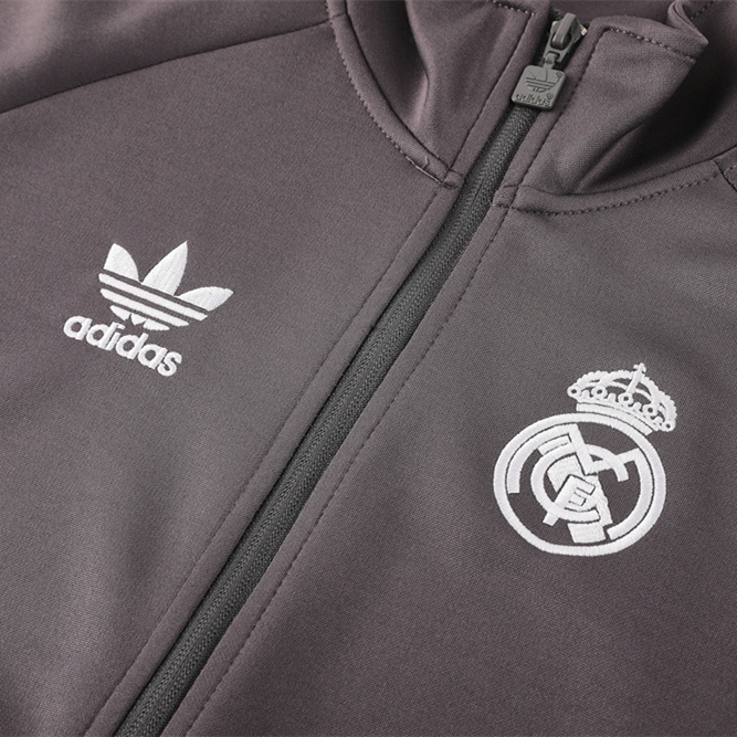 JerseysGala.com | Real Madrid 24-25 Trefoil Vintage Jacket Training Tracksuit - Grey -Customize Name, Number and Patch | Worldwide Shipping