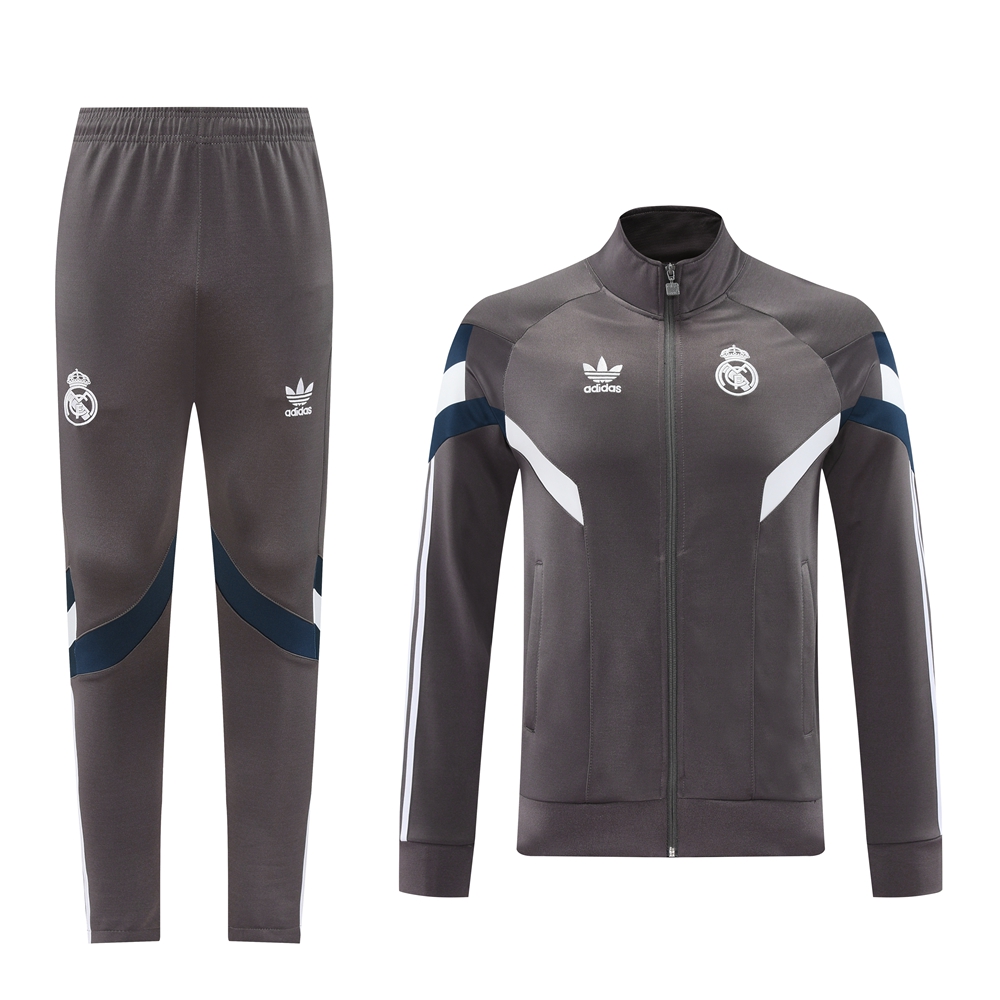 JerseysGala.com | Real Madrid 24-25 Trefoil Vintage Jacket Training Tracksuit - Grey -Customize Name, Number and Patch | Worldwide Shipping