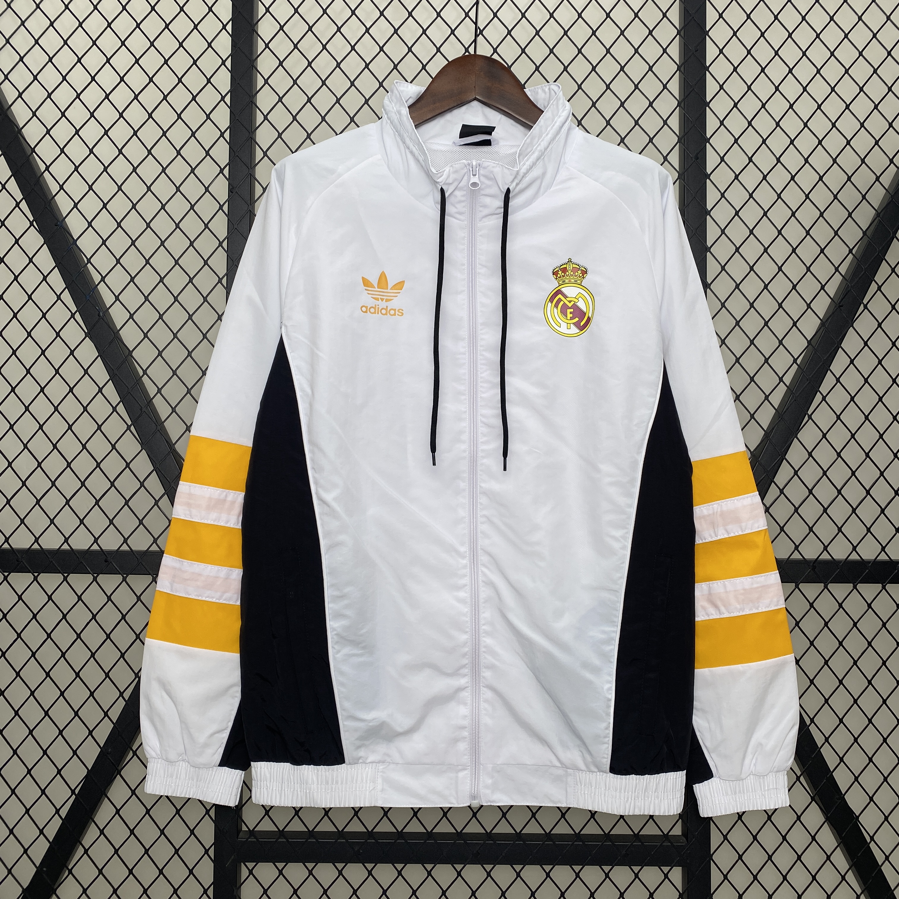 JerseysGala.com | Real Madrid 24-25 Throwback Windbreaker Jacket - White & Orange -Customize Name, Number and Patch | Worldwide Shipping