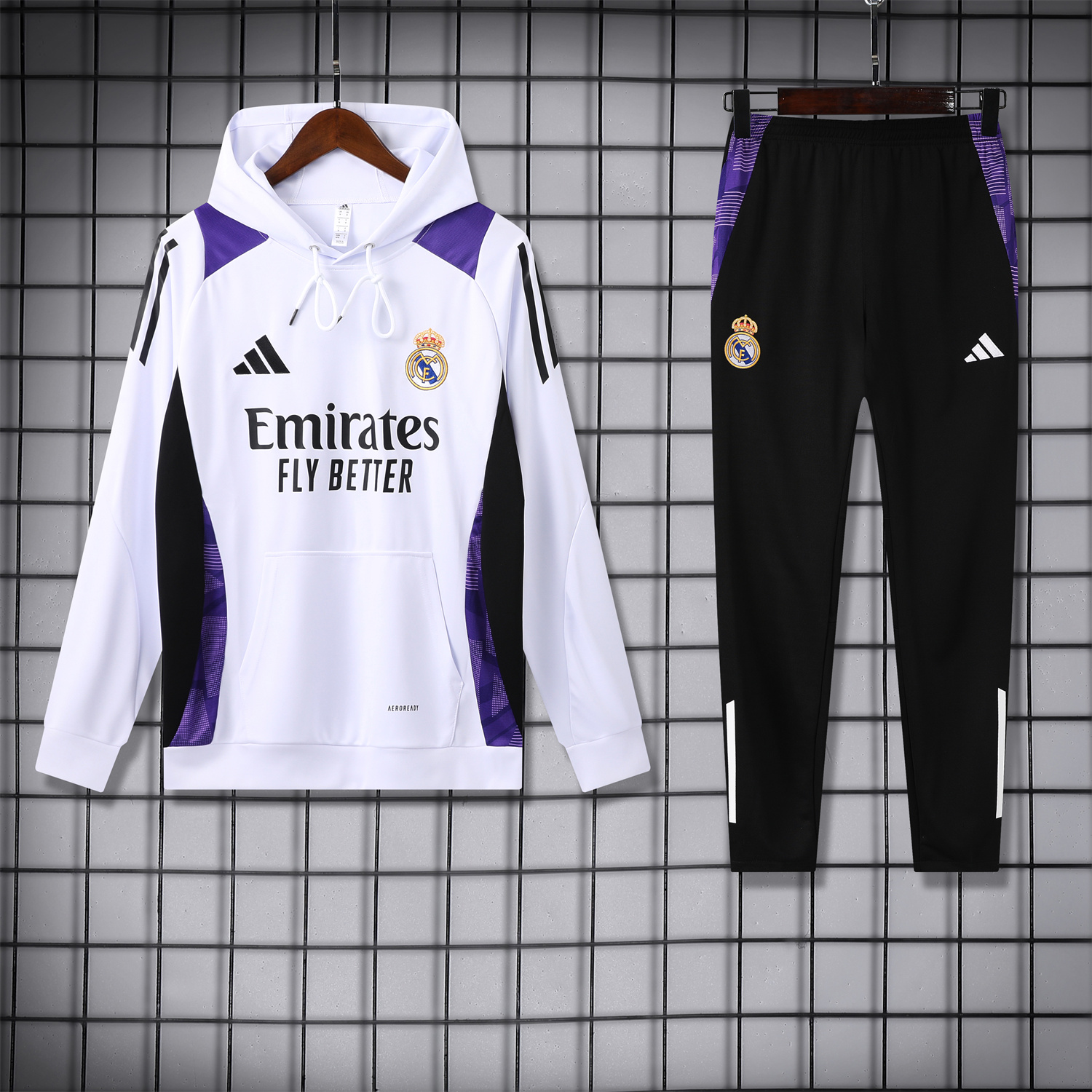 JerseysGala.com | Real Madrid 24-25 Training Hoodie Set - White Hoodie and Black Pants -Customize Name, Number and Patch | Worldwide Shipping