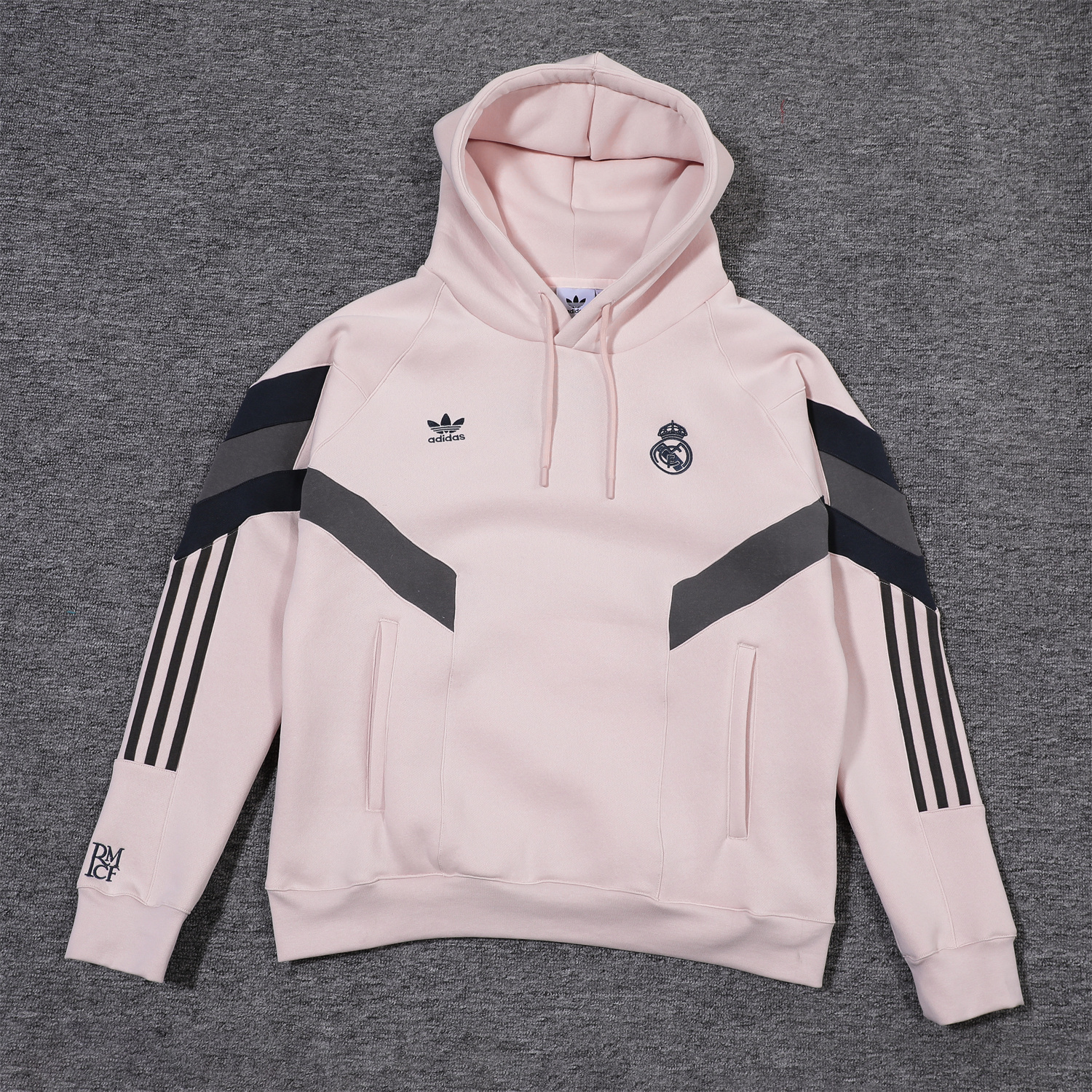 JerseysGala.com | Real Madrid 24-25 Fleece-Lined Training Hoodie Set - Light Pink Hoodie and Deep Grey Pants -Customize Name, Number and Patch | Worldwide Shipping