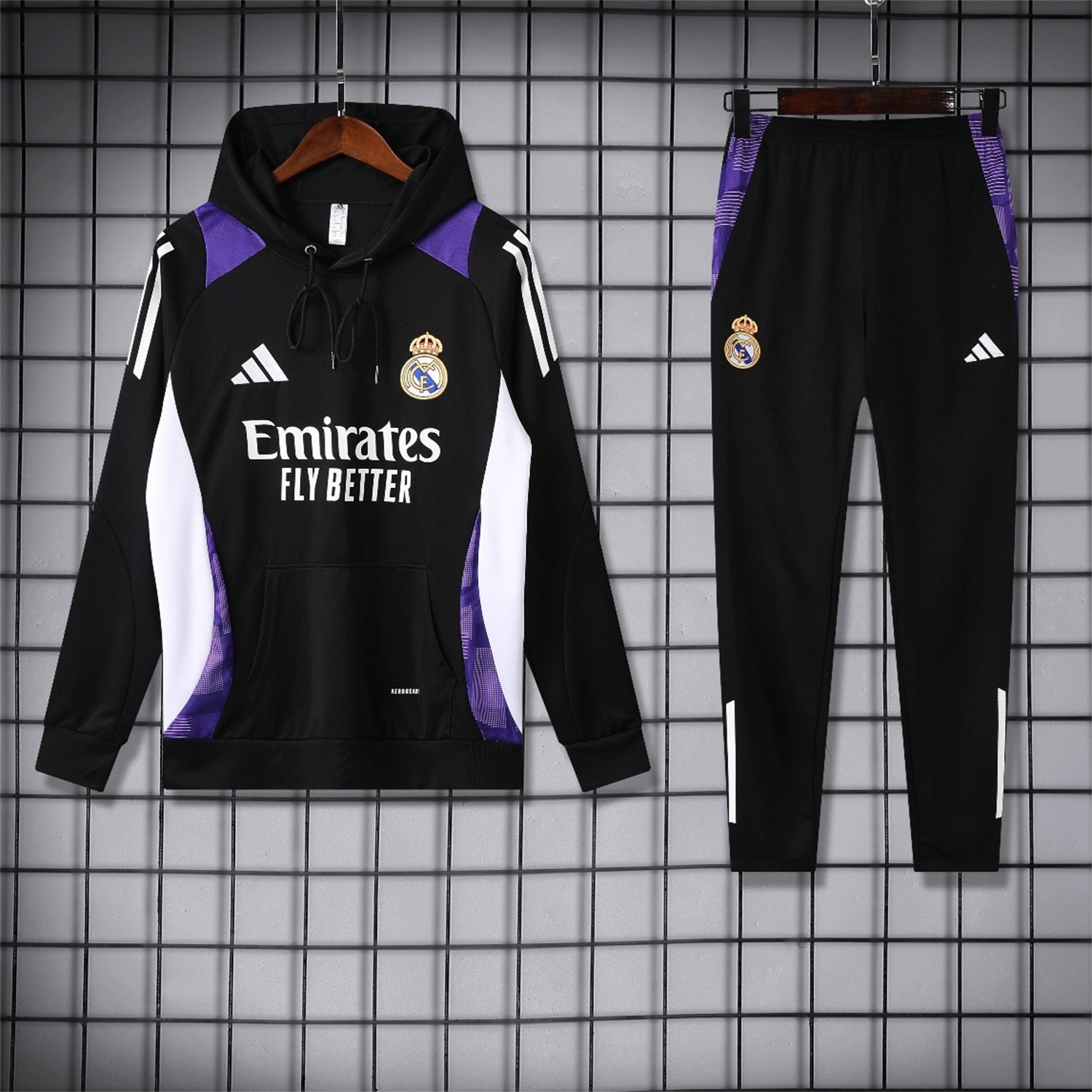 JerseysGala.com | Real Madrid 24-25 Training Hoodie Set - Black Hoodie and Black Pants -Customize Name, Number and Patch | Worldwide Shipping