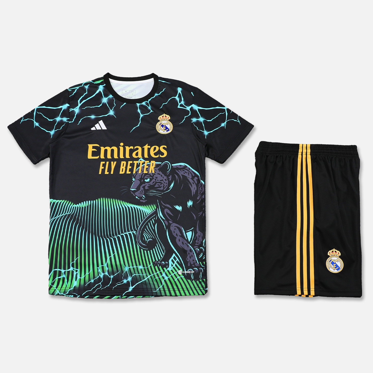 JerseysGala.com | Real Madrid 24-25 Short-Sleeve Training Set - Green Leopard Top & Black Shorts -Customize Name, Number and Patch | Worldwide Shipping