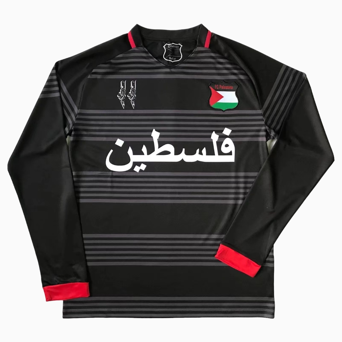 JerseysGala.com | FC Palestina 24-25 Black and Grey Striped Long Sleeve Jersey Jersey with Arabic and Pattern -Customize Name, Number and Patch | Worldwide Shipping