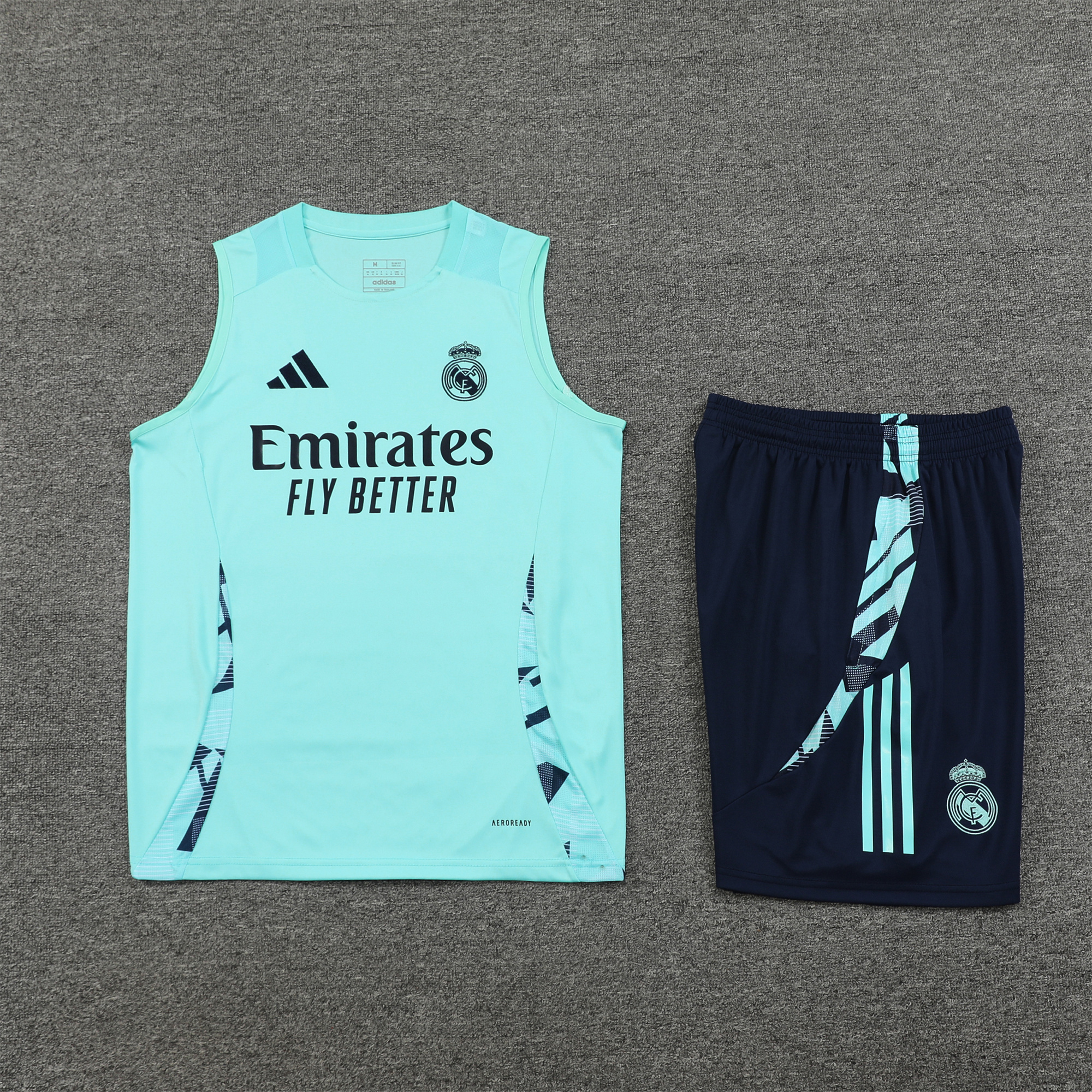 JerseysGala.com | Real Madrid 24-25 Vest Training Set - Light Green Vest & Deep Blue Shorts -Customize Name, Number and Patch | Worldwide Shipping