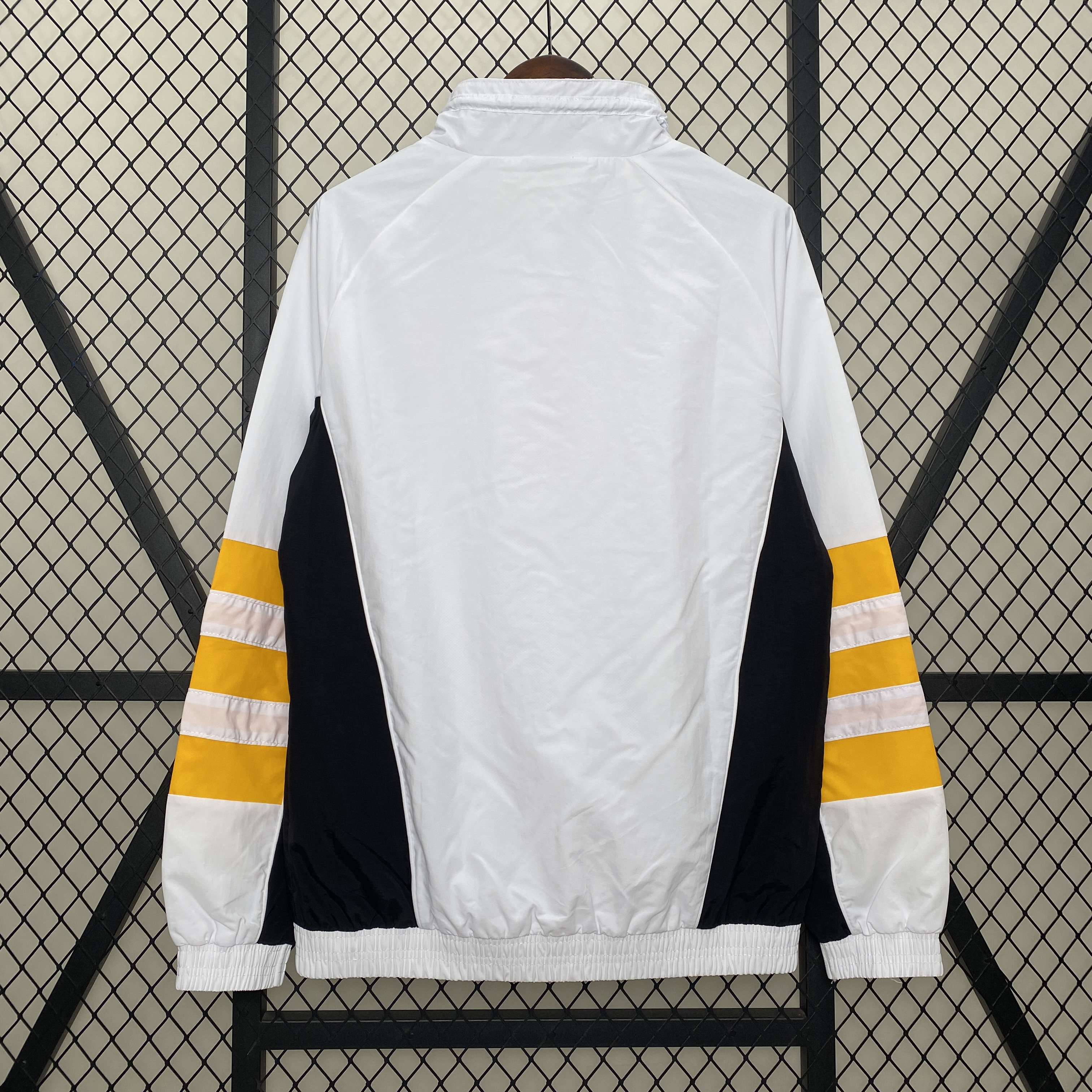 JerseysGala.com | Real Madrid 24-25 Throwback Windbreaker Jacket - White & Orange -Customize Name, Number and Patch | Worldwide Shipping
