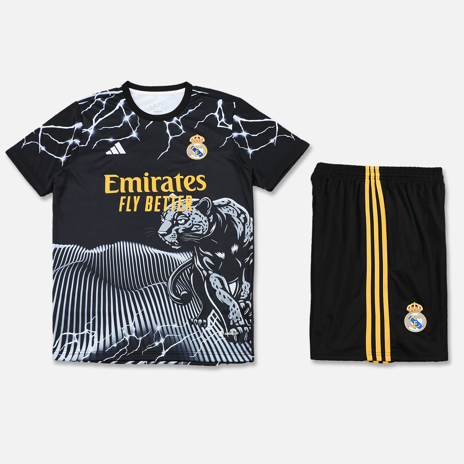 JerseysGala.com | Real Madrid 24-25 Short-Sleeve Training Set - White Leopard Top & Black Shorts -Customize Name, Number and Patch | Worldwide Shipping