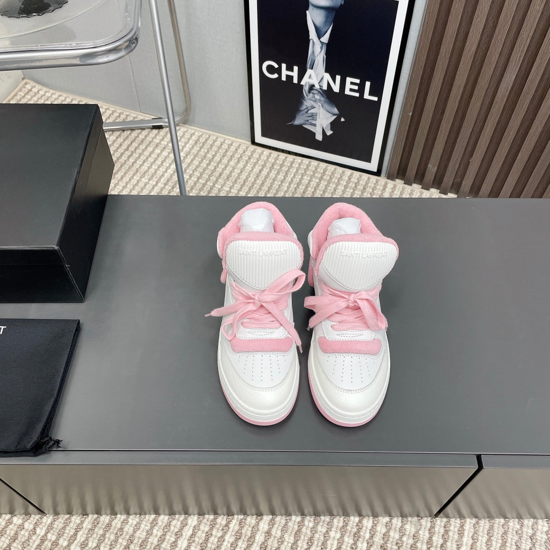 HIGH-TOP SNEAKERS IN WHITE MIX BABY PINK CALFSKIN、mysite、Cacoeks