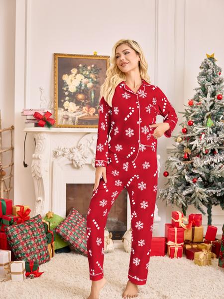 Women's Snowflake Cane Christmas Print Pajama Set, Long Sleeve Sleepwear, Comfortable Nightwear, All Seasons, Perfect Gift