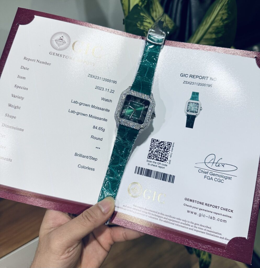 Đồng Hồ Cartier Santos Đính Moissanite Màu Xanh Lá Cây Rep 1:1 39.8mm