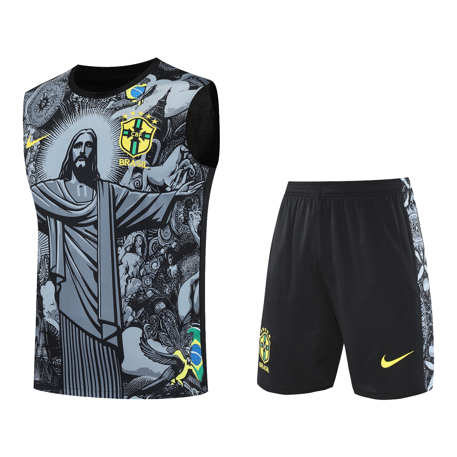 UltraTrikot-Brazil 25-26 Gray Jesus Statue Vest Training Set - Gray Vest & Black Shorts