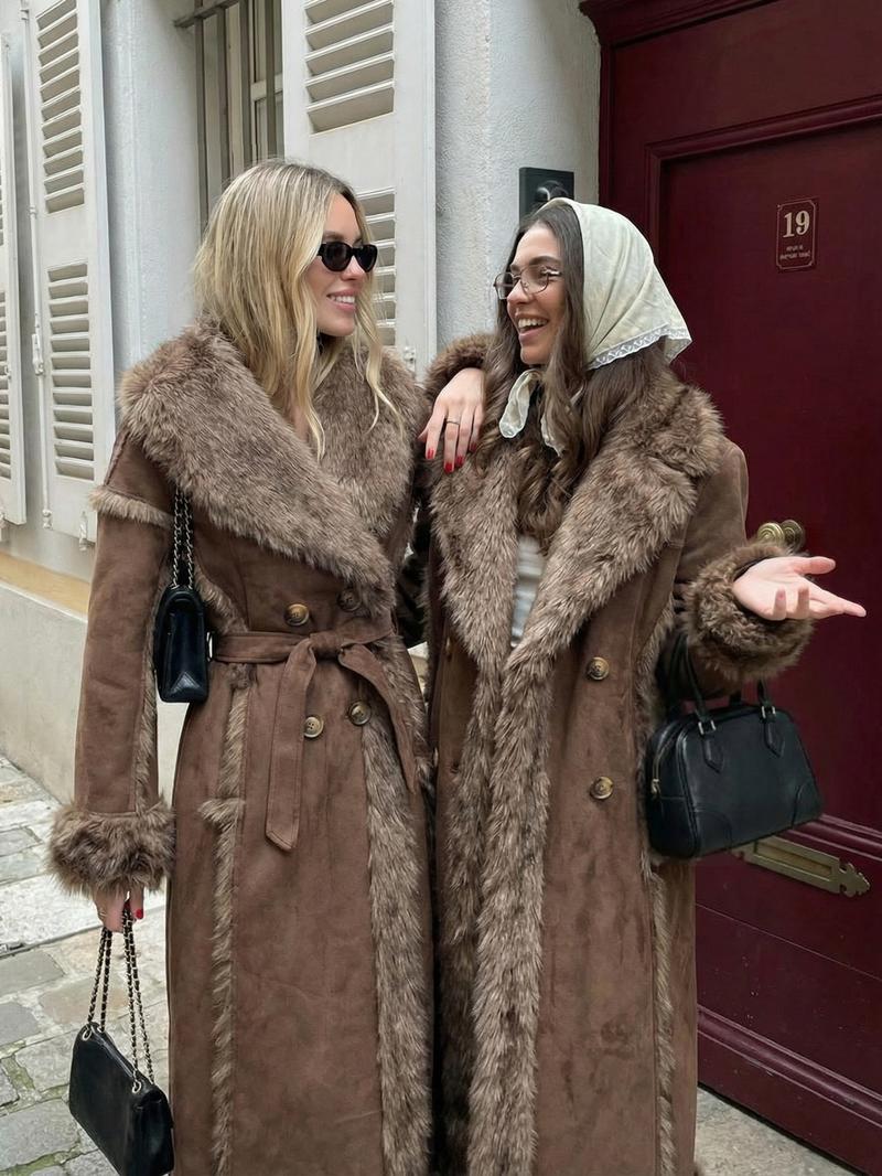 Women's Faux Fur Coat, Autumn Winter Fashionable Long Sleeve Jacket, Elegant Thick Retro Loose Fit Medium-Length Outerwear