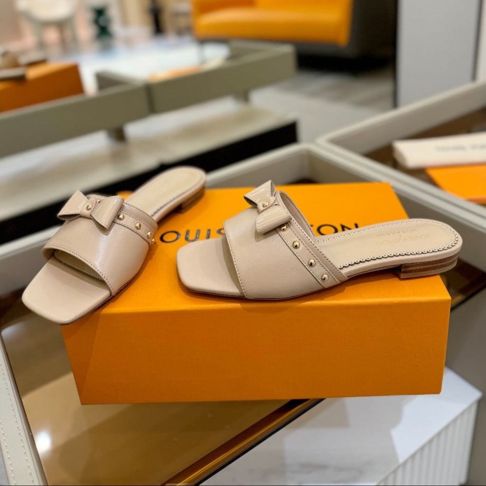 LV X TM 6AM FLAT MULE IN LINEN TAN CALFSKIN、mysite、Cacoeks