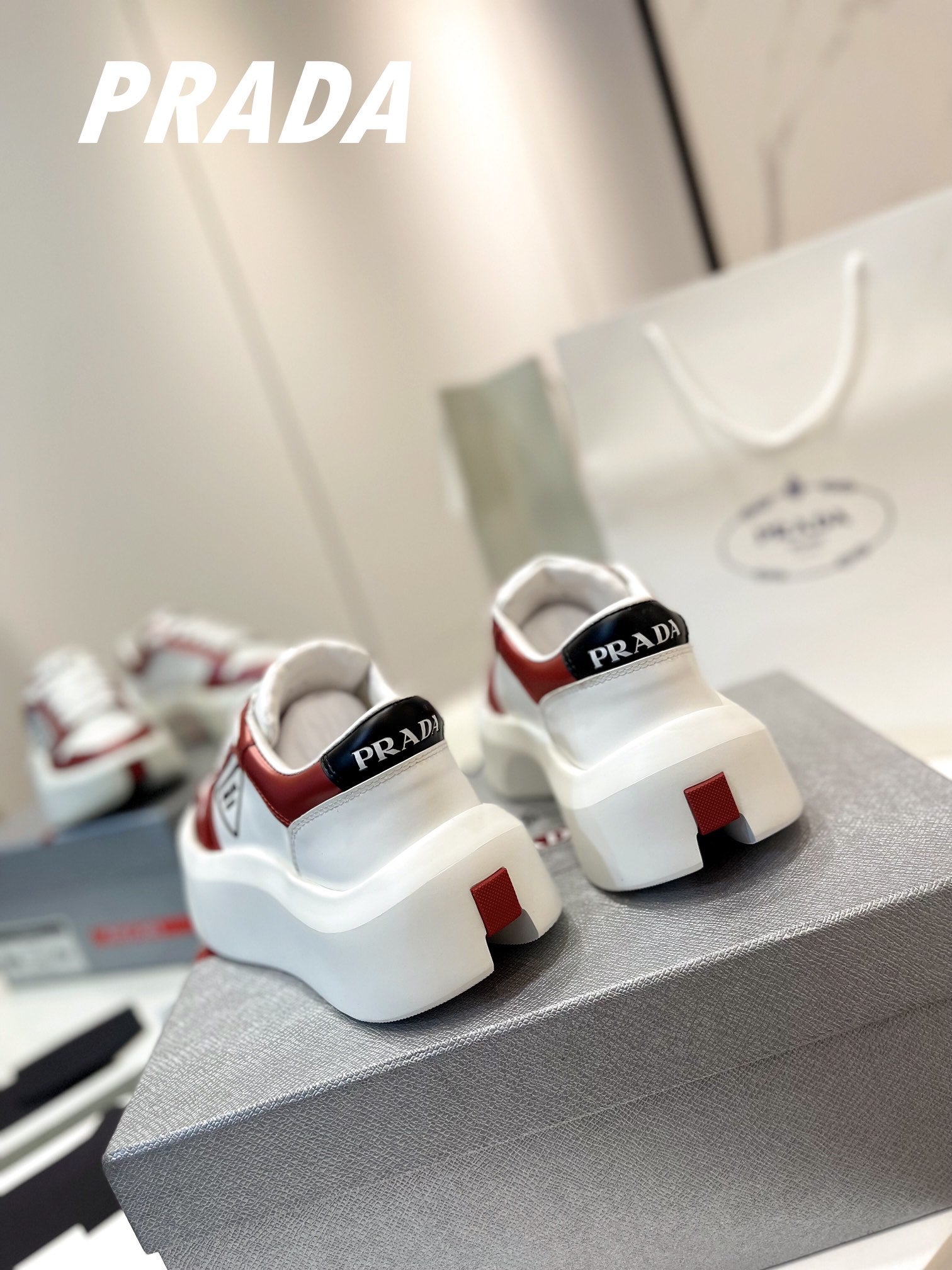 PRA DOWNTOWN THICK-SOLE SNEAKERS WHITE AND CHERRY CALFSKIN、mysite、Cacoeks