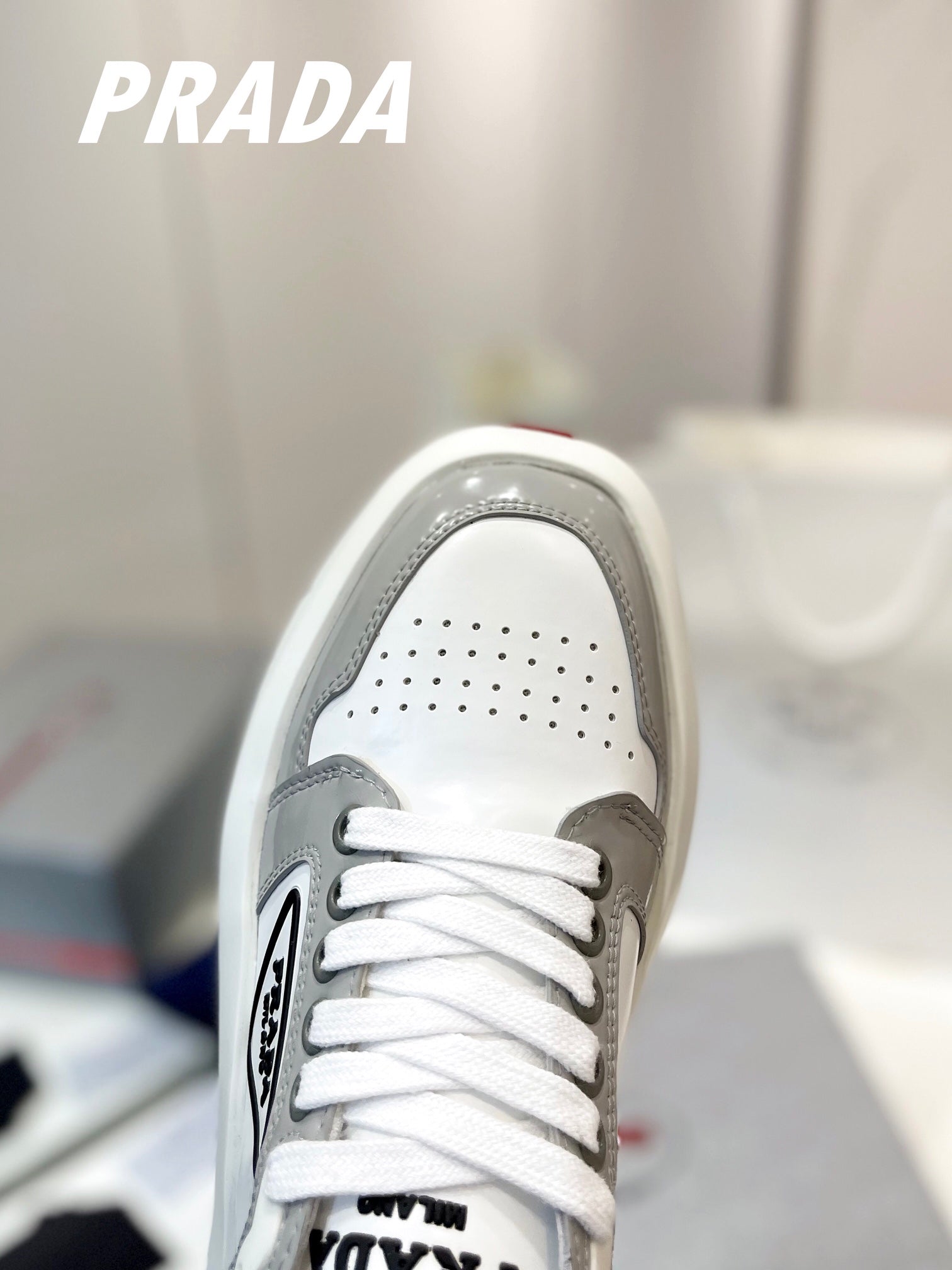 PRA DOWNTOWN THICK-SOLE SNEAKERS WHITE AND GRAY CALFSKIN、mysite、Cacoeks