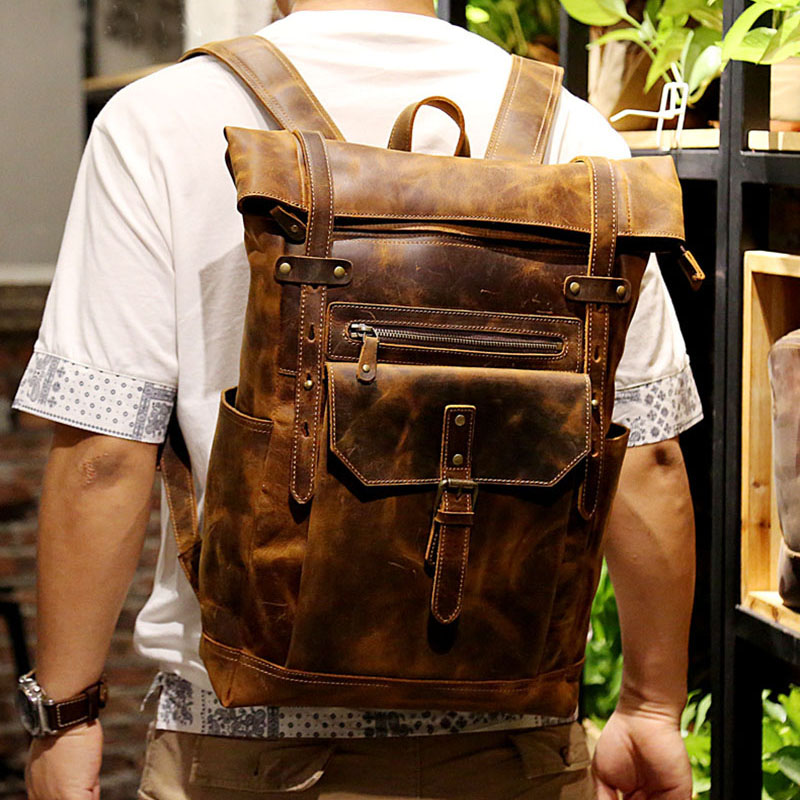 Outdoor Model&nbsp;Show of Woosir Leather Roll Top Backpack with Pockets