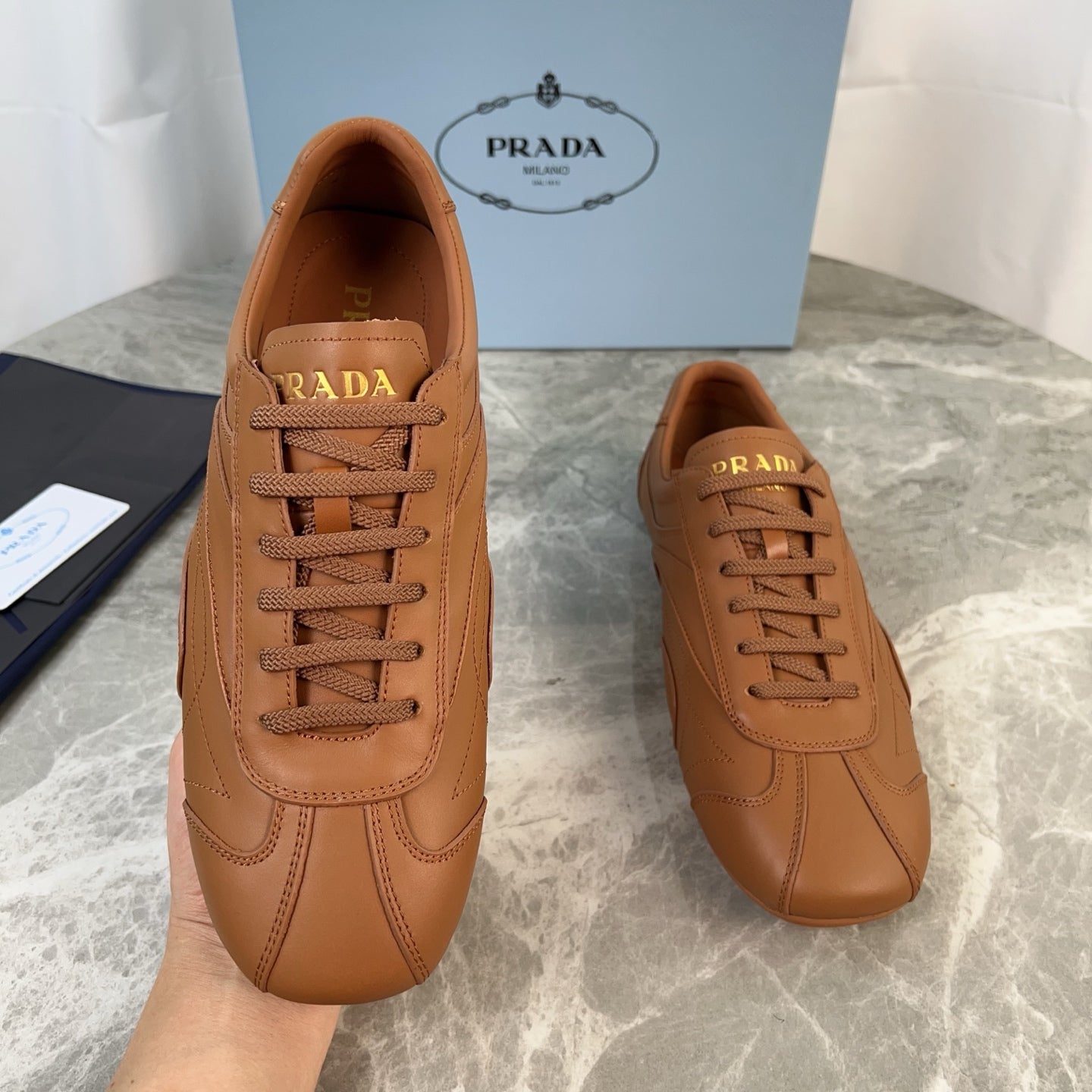 PRADA 25S MONTECARLO ANTIQUED SNEAKERS IN CARAMEL NAPPA LEATHER、mysite、Cacoeks