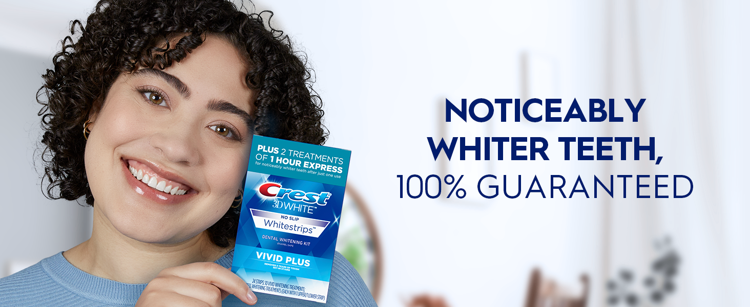 A brunette woman smiling and holding a pack of Vivid Plus Crest 3DWhitestrips.