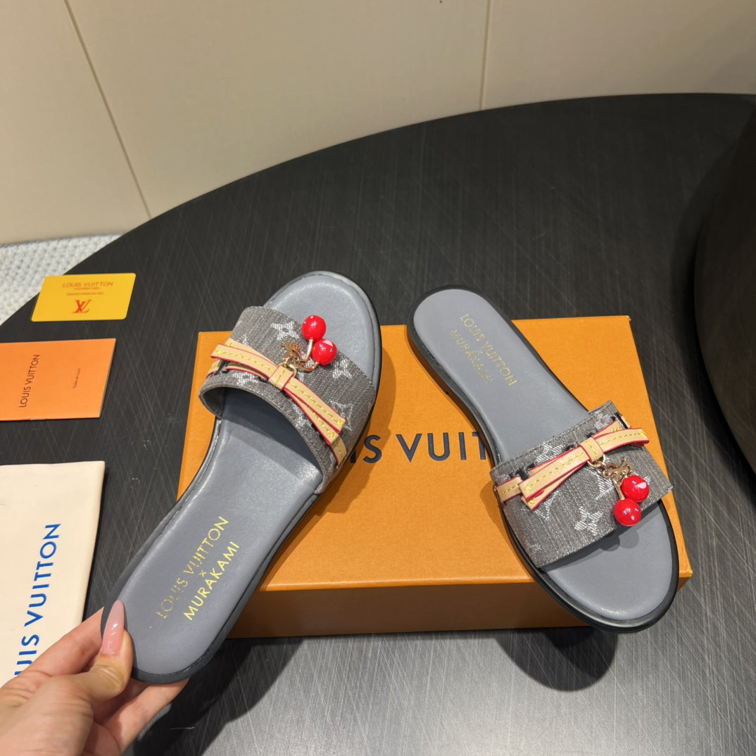 LV SLIDE SANDALS 25S IN DARK GREY DENIM AND CALFSKIN WITH CHERRY BLOSSOM BUCKLE、mysite、Cacoeks