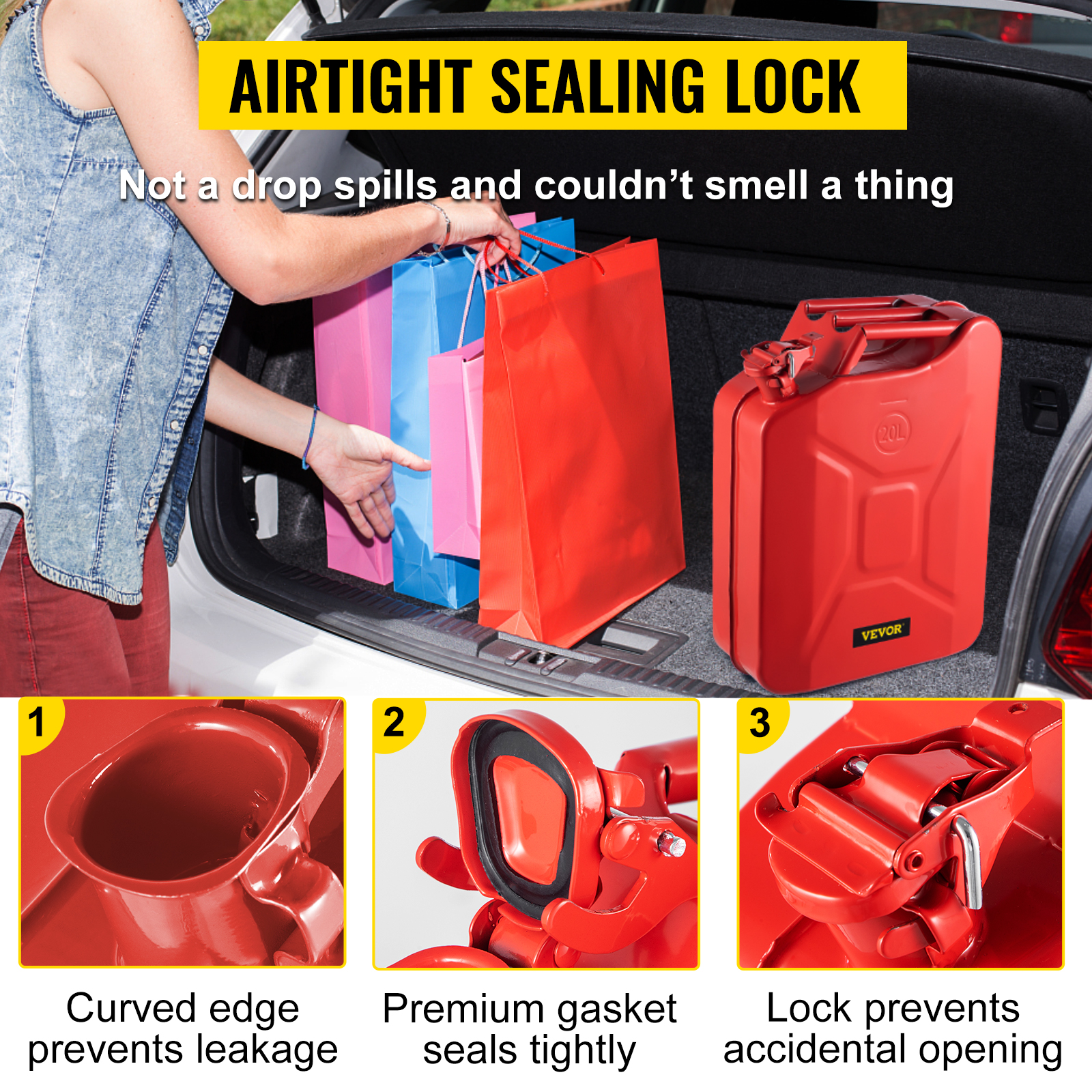 VEVOR jerry can with airtight sealing lock prevents leaks and accidental opening, shown in a car trunk.