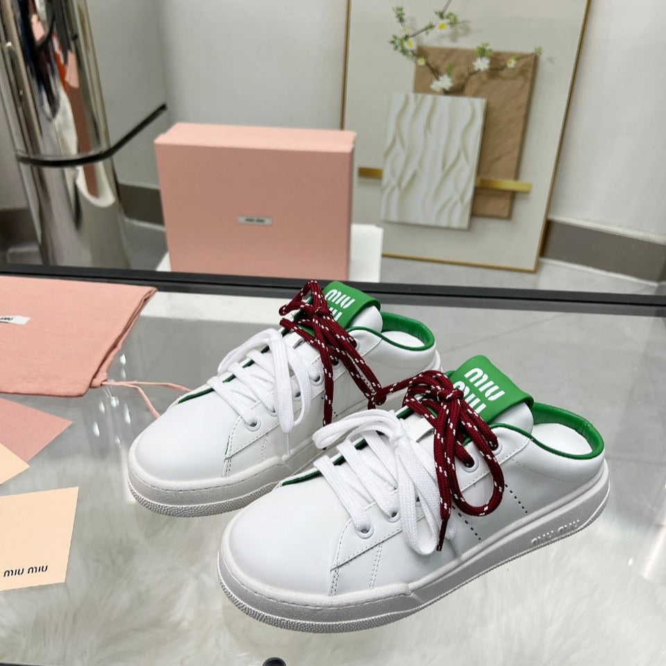 SNEAKER MULES IN WHITE MIX GREEN CALFSKIN WHITE RED LACES、mysite、Cacoeks