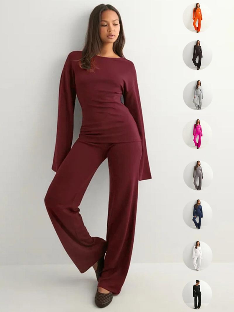 Women's Fall New Round Neck Flare Long Sleeve Top & Elastic Waist Straight Leg Pants Set, Casual Fashion for Daily Wear