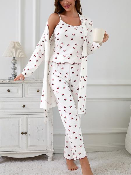 Cherry Print Women's Nightgown Set + Strap Pants, Comfortable Casual Home Wear, All-Season Fitted Sleepwear, Moderate Fabric Cherry Print Women's Nightgown Set + Strap Pants, Comfortable Casual Home Wear, All-Season Fitted Sleepwear, Moderate Fabric