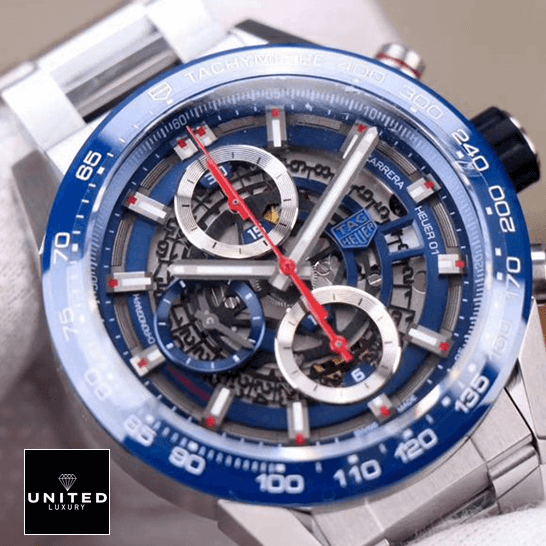 Tag Heuer Blue Bezel Red Second Hand Steel Bracelet Replica close view