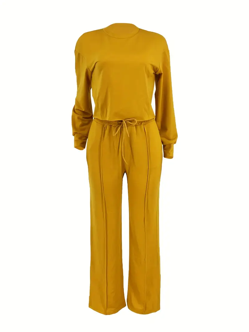 casual solid two piece set long sleeve crew neck top drawstring straight leg pants outfits womens clothing earth yellow 4