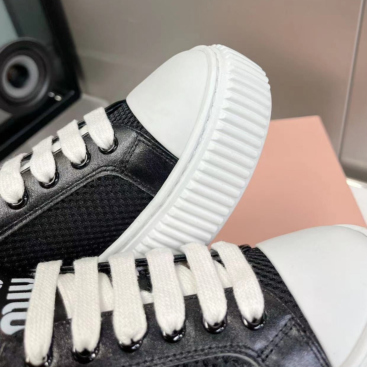 SNEAKERS THICK-SOLED BLACK MESH COWHIDE、mysite、Cacoeks