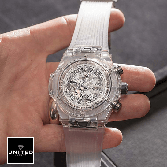Sapphire Diamond Replica hublot big bang unico sapphire baguettes 411 JX 4802 RT 1904 replica front three Hublot Big Bang Unico Sapphire 411_JX_4802_RT_1904 Replica on the hand