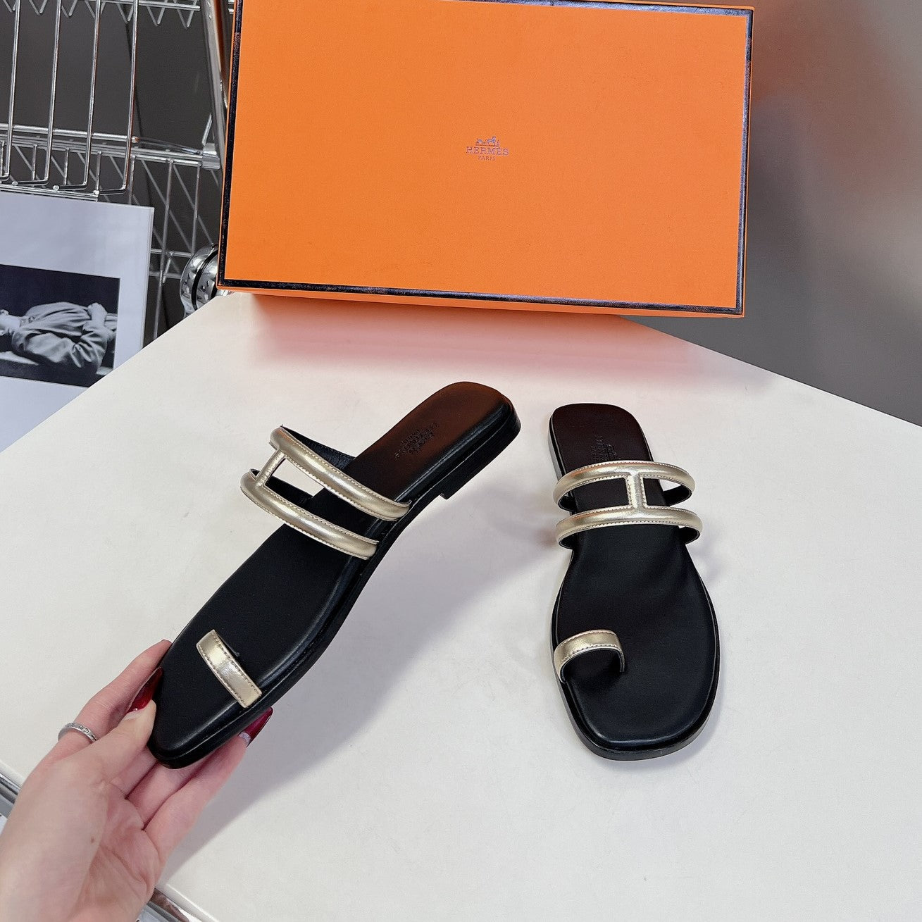 Georgia Sandals Gold Black Calfskin、mysite、Cacoeks