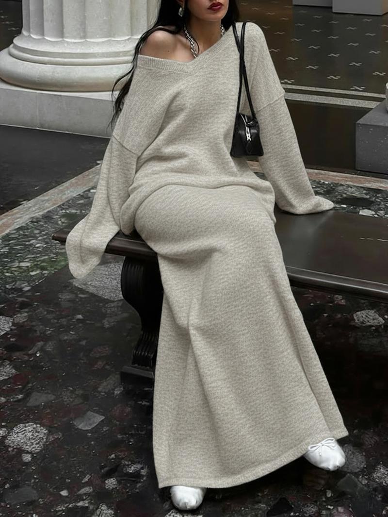 Autumn Winter Casual Loose-Fit Long Sweater Dress Set, Long Sleeve Dresses, Two-Piece Knitwear, Comfortable & Stylish Women's Clothing