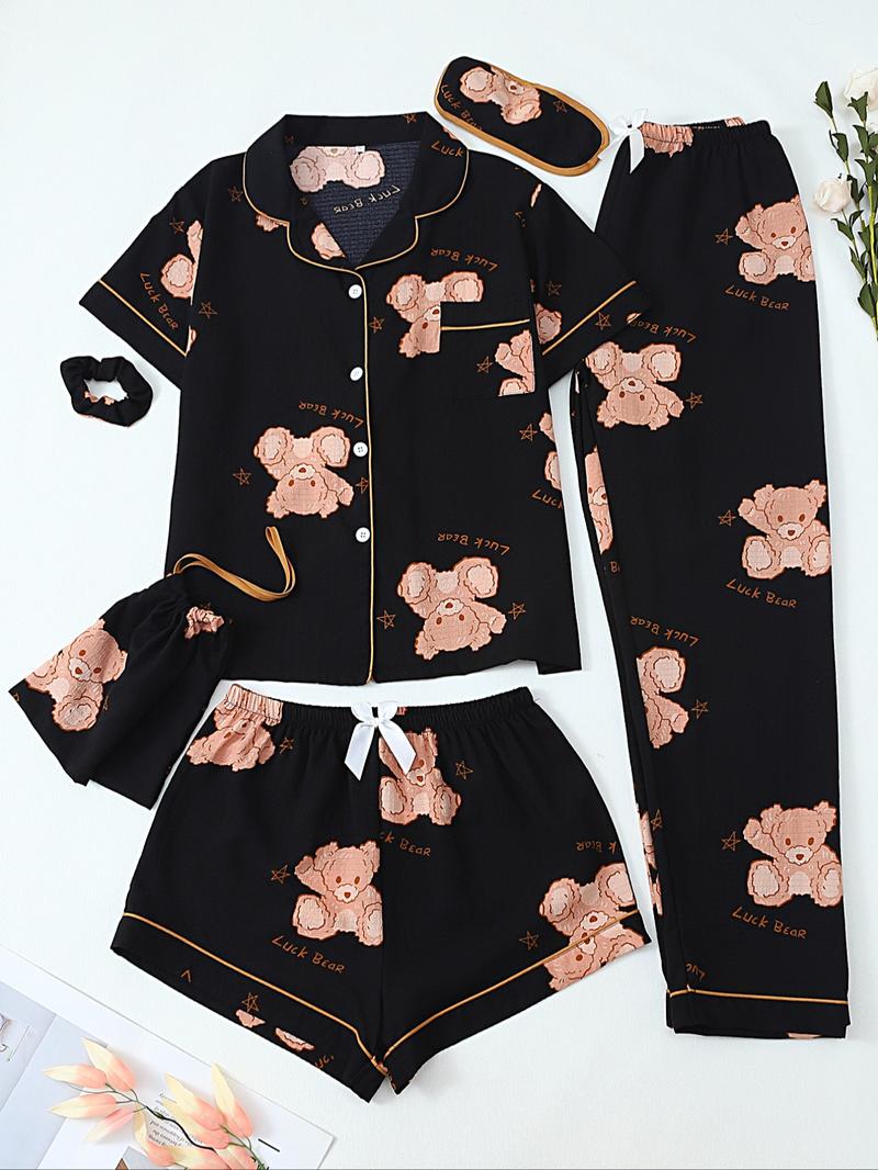 Women's All Over Print Top & Shorts & Pants & Accessories Pyjama Set, Casual Comfy Pj Set, Ladies Sleepwear for All Seasons