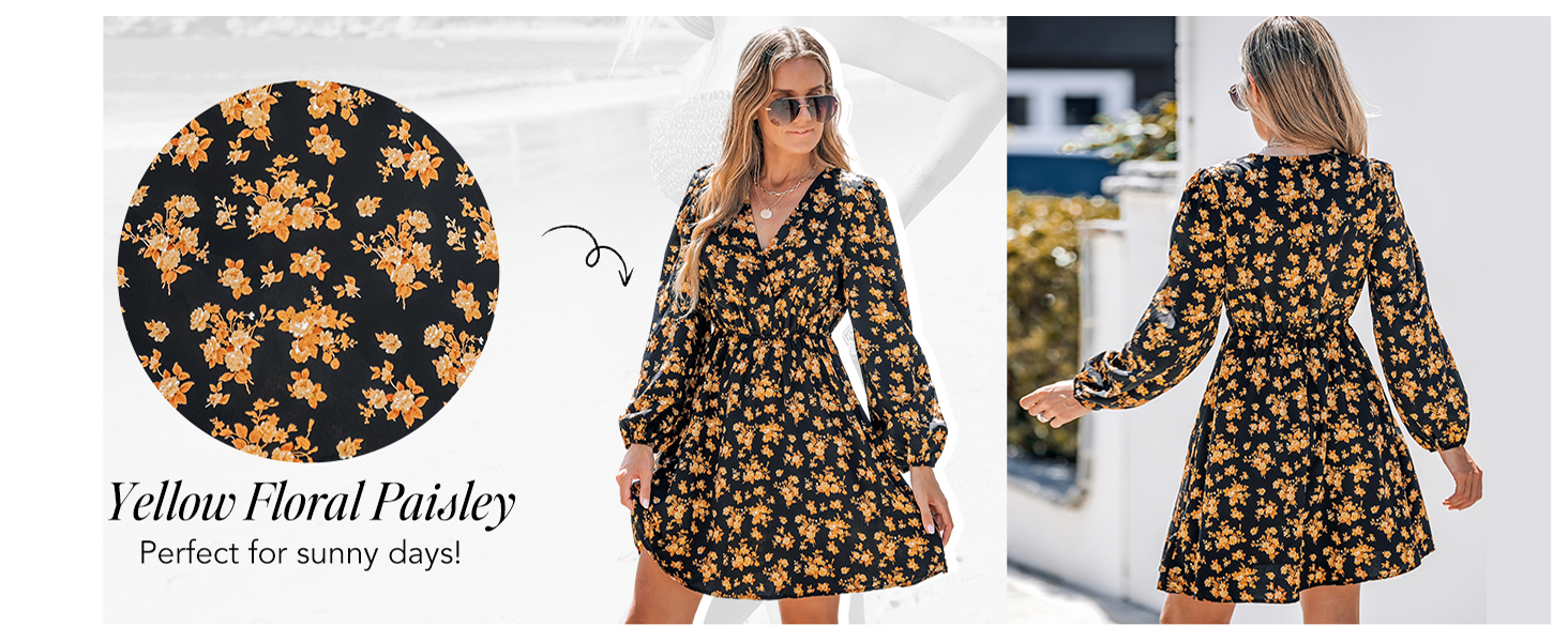 yellow floral print fall dress for women elastic waist