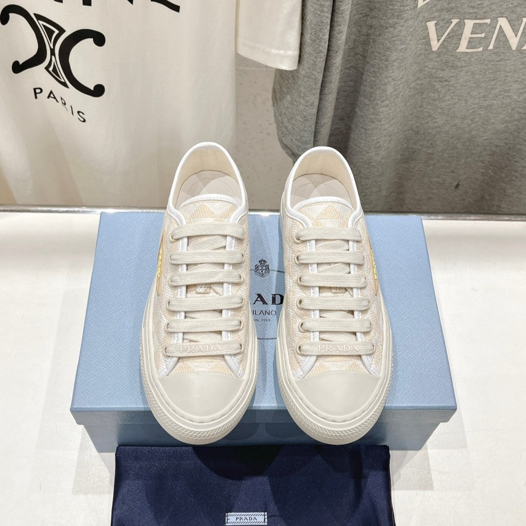 PRA PRINTED COTTON SNEAKERS WHITE AND BEIGE CANVAS、mysite、Cacoeks