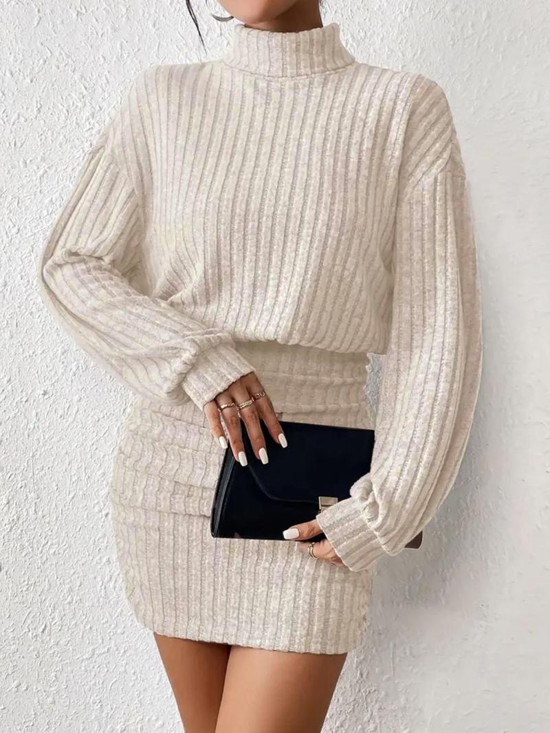 Women's Plain Drop Shoulder Turtleneck Ribbed Dress, Elegant Long Sleeve Short Dress for Fall & Winter, Women's Clothing for Daily Wear