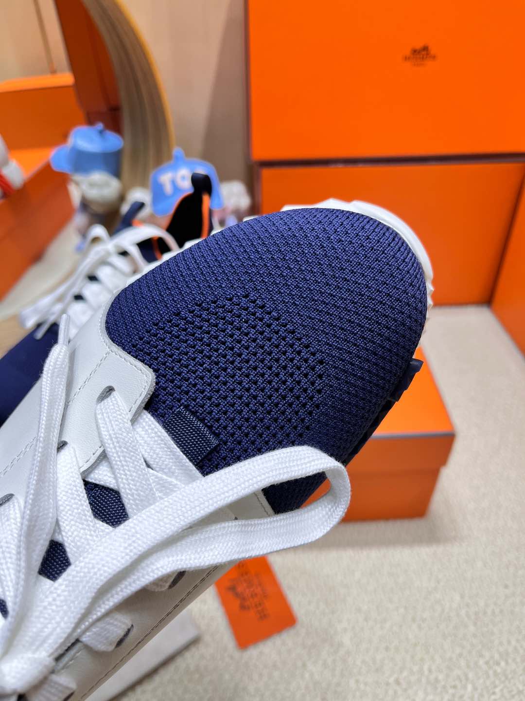 DEPART SLIP-ON SNEAKER IN NAVY BLUE KNIT AND WHITE CALFSKIN、mysite、Cacoeks