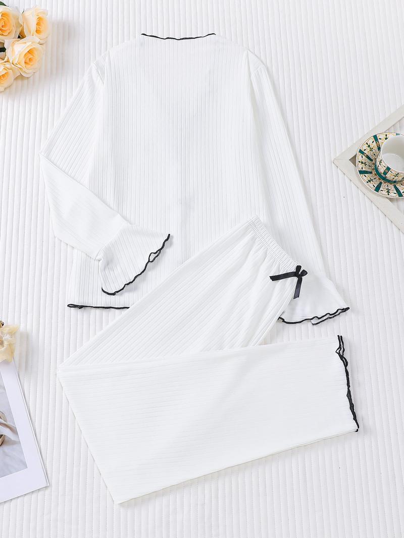 Women's Long Sleeve Top & Pants Pajama Set, Casual Comfy Bow Top & Trousers Pajama Set, Ladies Sleepwear for All Seasons